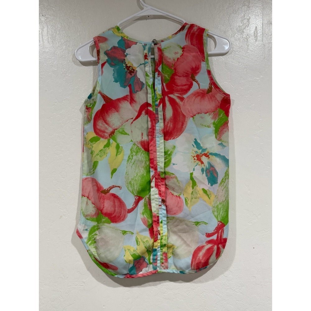 CLN Womens Floral Watercolor Sleeveless Blouse Blue Coral Green Size Small - Picture 3 of 4